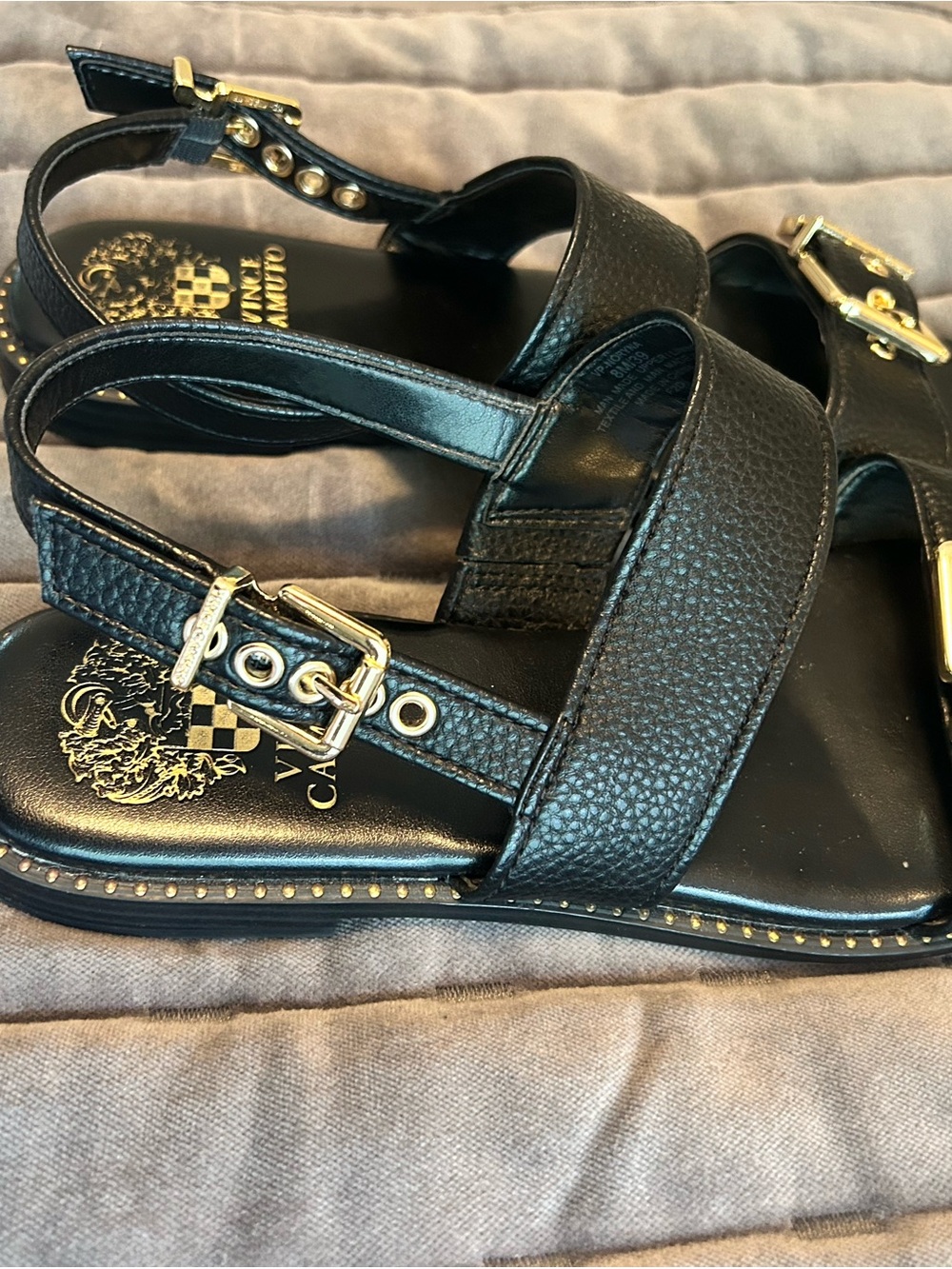Vince Camuto Black Leather Buckle & Gold Accent Sandals - Picture 2 of 4